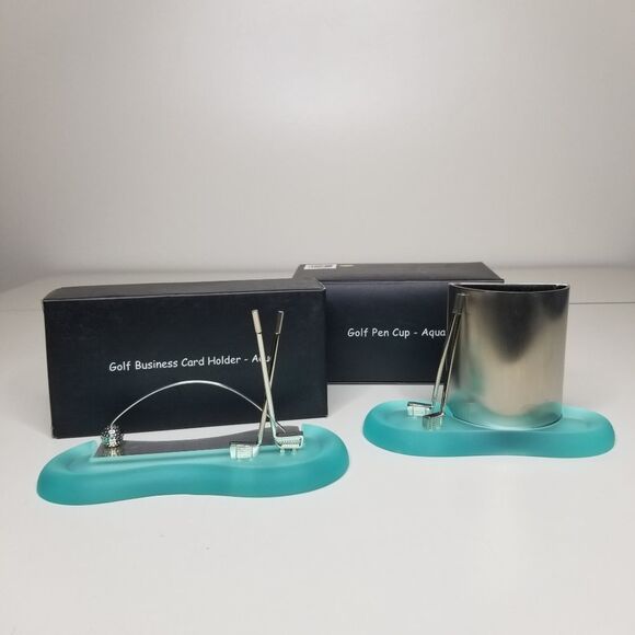 Golf Theme Business Card Holder Pen Holder Set Boxed Aqua - Picture 1 of 8